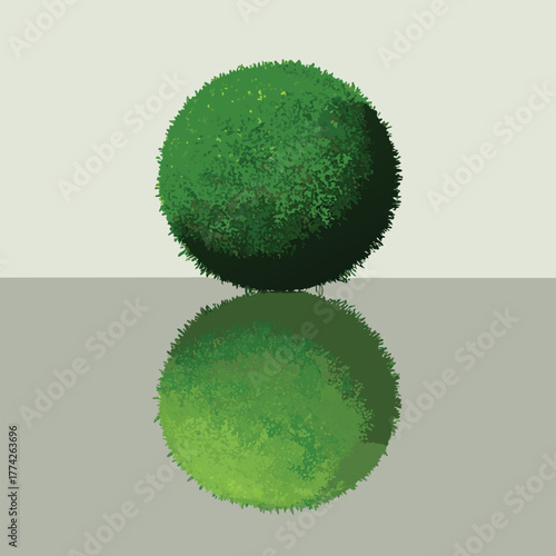 Green moss ball with reflection on gray surface sphere