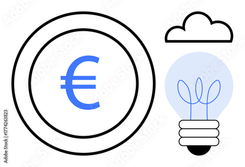 Euro coin symbolizes money, light bulb for innovation, and cloud for digital or technological connectivity. Ideal for business, finance, creativity, technology, digital economy, entrepreneurship
