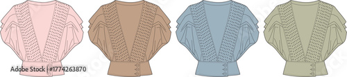 Fashion design illustration showcasing a charming array of four women's knitted blouses with intricate patterns and buttoned cuffs, presented in a delightful palette of gentle colors