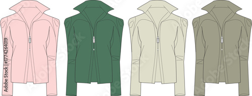 Fashionable jacket designs displayed in four distinct color variations, showcasing stylish outerwear