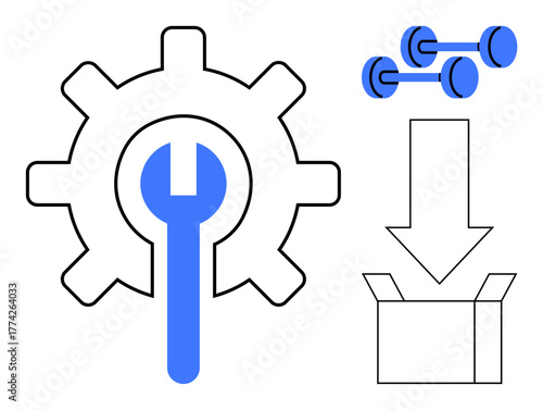 Gear with wrench symbolizing settings, dumbbells for fitness, arrow into box for packaging. Ideal for maintenance, organization, productivity, repair, fitness tools innovation. Simple flat metaphor