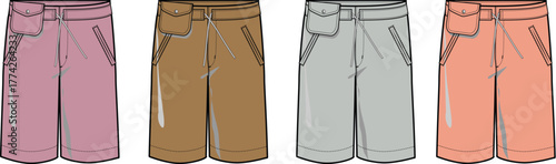 Set of four pairs of casual shorts in various colors and styles for everyday wear