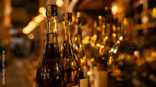 Elegant sparkling wine bottles with golden liquid and intricate foil details line up in a warm, atmospheric setting, evoking luxury and celebration