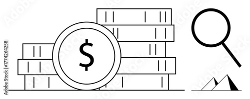 Stacks of coins with dollar sign, magnifying glass, and small triangular shapes. Ideal for analytics, finance, investment, business strategy, economic growth budgeting auditing. Simple flat