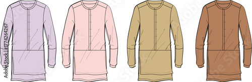Technical fashion flat illustration set of a women's long-sleeved zip-up tunic dress with front pockets, shown in four different color variations