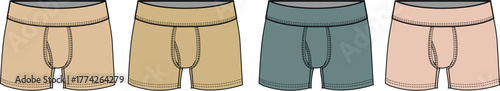 Set of four men's boxer briefs in various neutral and earthy color concepts. Comfortable undergarments, flat vector illustration for everyday essential wear