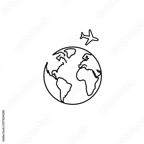 Globe with airplane flying around it, travel concept.