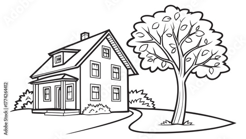 Illustration of a house with a tree in black and white outline style on a sunny day with a path