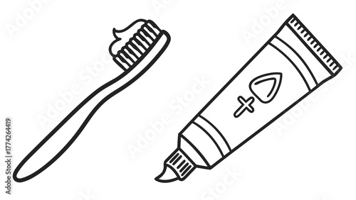 Illustration of a toothbrush with toothpaste and a tube of toothpaste on a white background