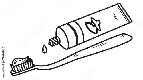 Illustration of a toothbrush with toothpaste on it and a tube of toothpaste above it in black and white