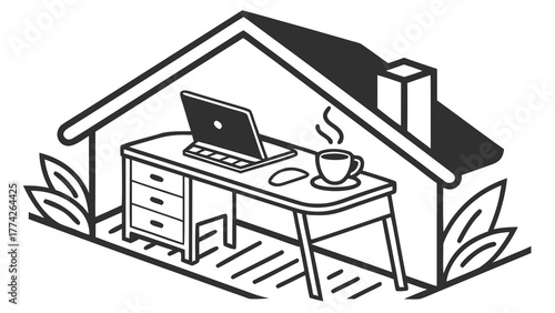 Illustration of a home office setup with a laptop desk coffee and plant in a house outline design