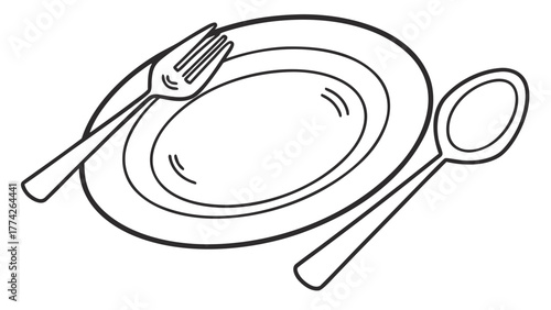 A simple line drawing of a plate with a fork and a spoon on a white background illustration