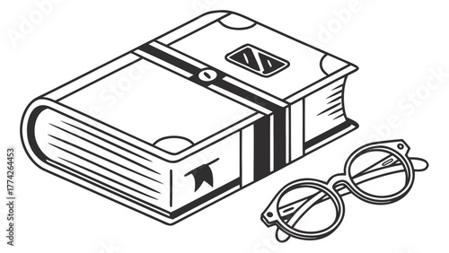 Illustration of a closed book with a bookmark and a pair of glasses on a white background