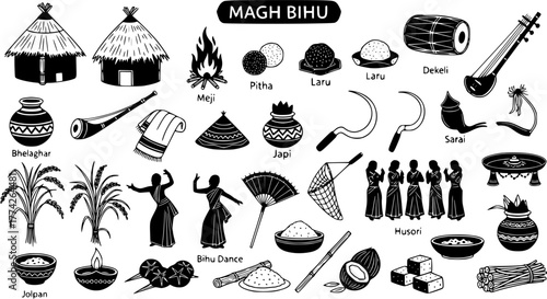 Magh Bihu Assamese Festival Collection: Traditional Huts, Bonfire, Folk Dance, Instruments, Food, and Cultural Symbols of Harvest Celebrations in Assam