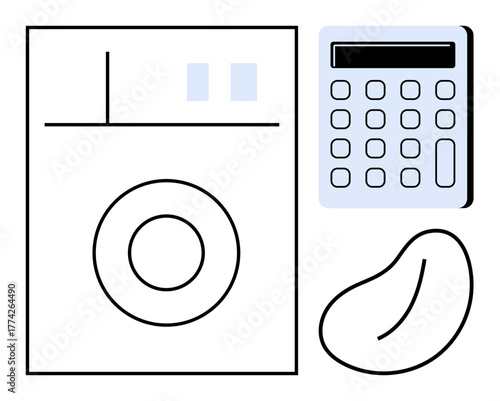 Modern washing machine, digital calculator, and bean-thumbs up shape emphasize clean energy, budget planning, sustainability, and resource management. Ideal for eco-living, energy saving, finance