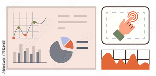 Dashboard with charts, graphs, and interactive touchscreen. Ideal for data analytics, statistics, progress tracking, user interaction, productivity research monitoring. Simple flat metaphor