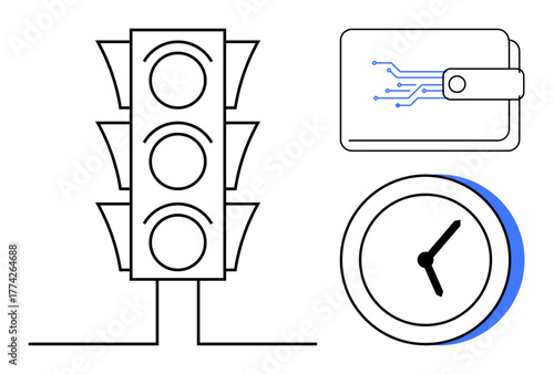Traffic light, electronic wallet, and clock symbolizing time management, digital transactions, decision-making processes, and modern lifestyle. Ideal for innovation, efficiency, automation strategy