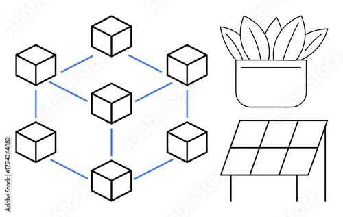 Blockchain cubes linked by blue lines, potted plants, and solar panel promoting eco-friendly tech. Ideal for green technology, clean energy, innovation, sustainability, renewable energy, digital