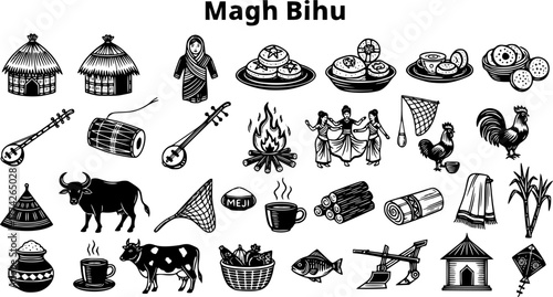 Magh Bihu: Assamese harvest festival vector illustration with traditional symbols like hut, musical instruments, food, bonfire, animals, and cultural icons.