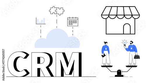 CRM text integrated with cloud, data, puzzle, calendar icons, store, and business team on balanced scale. Ideal for teamwork, productivity, SaaS small business customer management data strategy