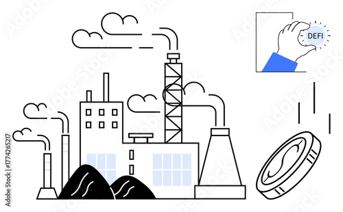 Factory emitting smoke, gears of industrial complexity, hand holding coin labeled DEFI. Ideal for finance, blockchain, economy, decentralization, industry sustainability innovation themes. Simple