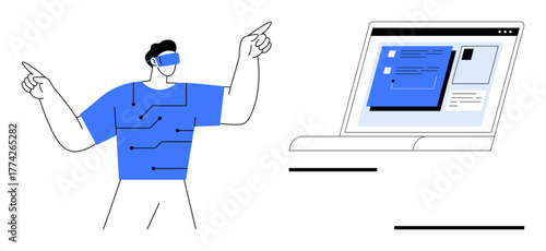 Individual wearing virtual reality gear pointing interactively laptop displays content. Ideal for technology, innovation, VR, user experience, digital education, future interface, human-computer