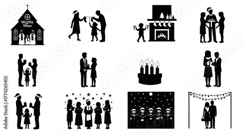 Elegant black and white silhouettes portraying diverse Christmas holiday activities, from church attendance to festive home decorations and family joy.