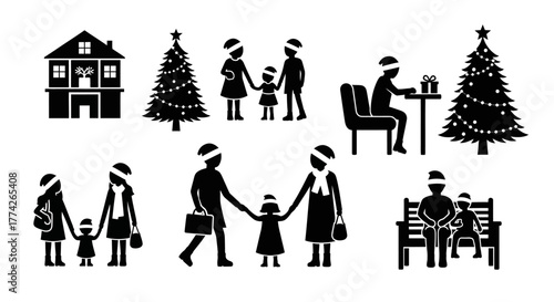 A collection of festive black silhouettes depicting families celebrating Christmas, enjoying holiday activities, and spending quality time together during the winter season.