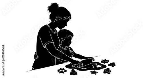 A heartwarming silhouette depicts a mother and child creating festive Christmas cookies, rolling dough and cutting shapes for a sweet holiday tradition.