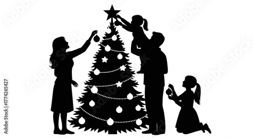A heartwarming silhouette depicts a loving family, including parents and two children, joyfully decorating their festive Christmas tree, embodying holiday spirit.