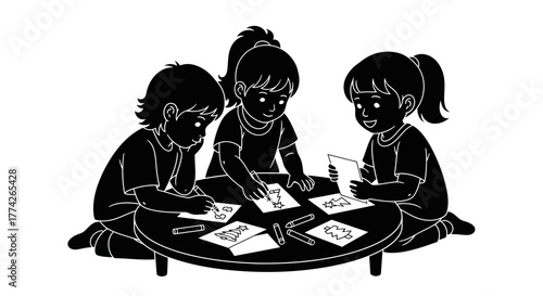 Three cheerful children gather around a table, joyfully engaged in creating festive drawings, perhaps for a special Christmas celebration.