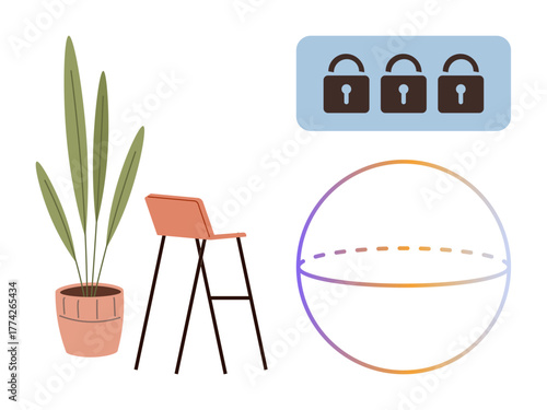 Potted plant and sleek chair beside lock designs and a gradient sphere outline suggesting security, design, and creativity. Ideal for security, design, home decor, minimalism, balance, modern style