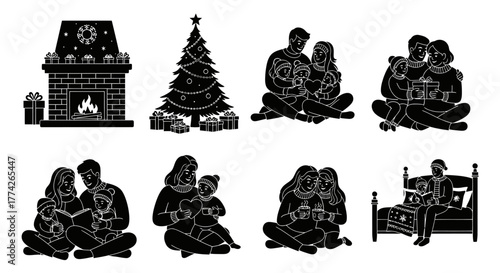 Cozy black silhouette illustrations depict families reading together by a warm fireplace, a festive Christmas tree, and during peaceful bedtime moments.