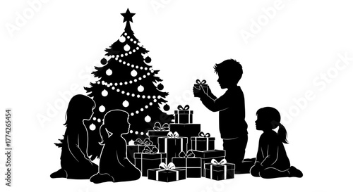 Silhouettes of happy children gather around a beautifully decorated Christmas tree, eagerly unwrapping festive presents during a joyful holiday celebration.