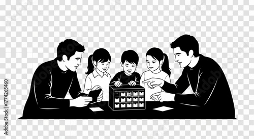 A joyful family gathers around a table, playing an engaging board game together, fostering connection and creating cherished holiday memories.