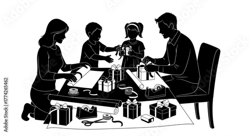 A loving family, including parents and two children, joyfully collaborates to wrap numerous presents together, preparing for a festive Christmas celebration.