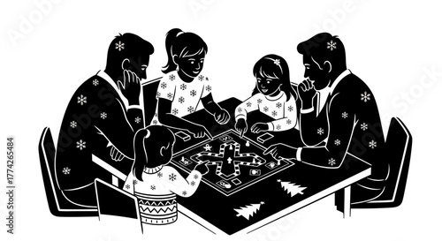 A happy family enjoys a festive Christmas evening indoors, playing an engaging board game together during the winter holidays.