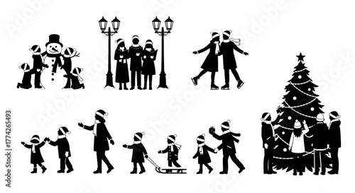 A collection of black silhouette illustrations depicting various joyous Christmas and winter holiday activities, featuring families and children celebrating together.