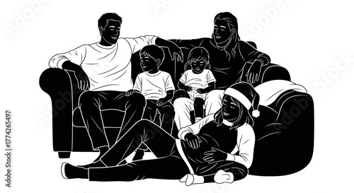 A black and white illustration of a family, with a pregnant mother and children, celebrating Christmas together on a comfortable sofa.