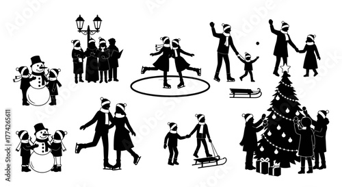 A charming collection of black silhouette illustrations depicting joyful families and couples celebrating various beloved winter and Christmas holiday activities.