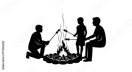 A silhouetted family enjoys a cozy evening campfire, roasting sweet marshmallows together under the open sky, creating cherished memories.