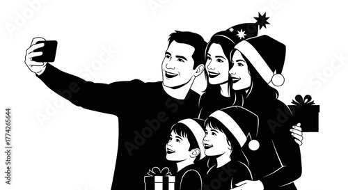 A joyful family, wearing festive Santa hats, captures a memorable Christmas selfie, celebrating togetherness and holiday cheer with presents.