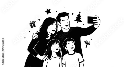 A happy family captures a joyful holiday moment together, smiling brightly while taking a festive Christmas selfie surrounded by celebratory decorations.
