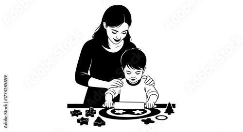 A loving mother and her young son joyfully prepare festive holiday cookies together, rolling dough and cutting shapes for a cherished Christmas tradition.