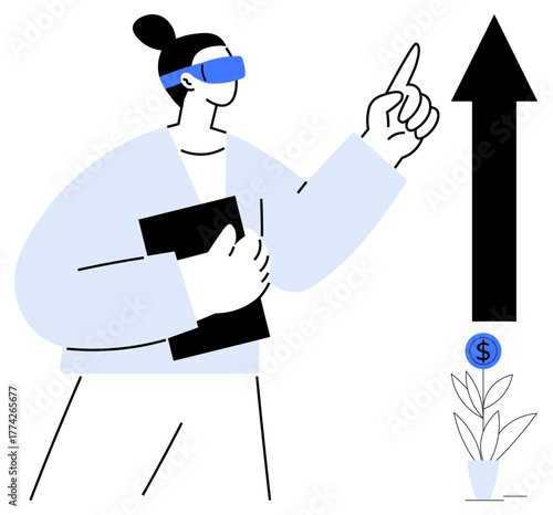 Person wearing virtual reality headset gestures towards upward arrow, holding a tablet. Financial growth plant symbolizes innovation. Ideal for technology, business, growth, education, finance