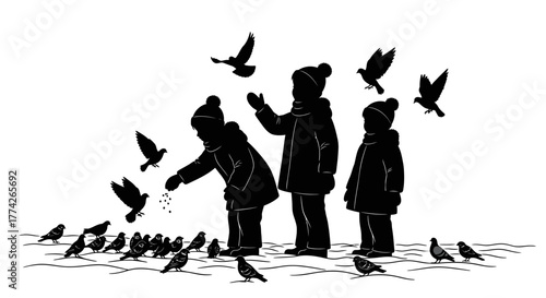 A heartwarming silhouette illustrates children in warm winter clothing happily feeding pigeons on snowy ground, embodying the kind and joyful Christmas spirit.