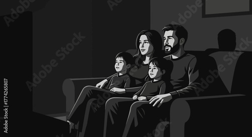 A heartwarming monochrome illustration captures a diverse family of four, parents and children, sharing a cozy evening on the sofa, engrossed by a screen.