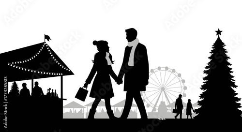 A romantic couple strolls hand-in-hand through a festive Christmas market, enjoying the enchanting winter atmosphere with illuminated stalls and a grand Ferris wheel.