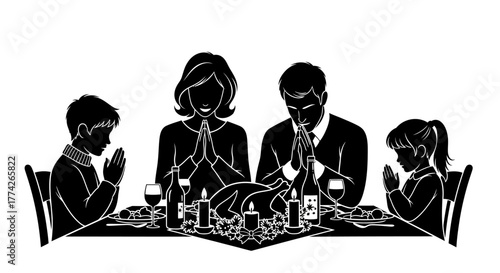 A silhouetted family gathers around a festive dinner table, bowing their heads in prayer before enjoying a traditional holiday meal together.