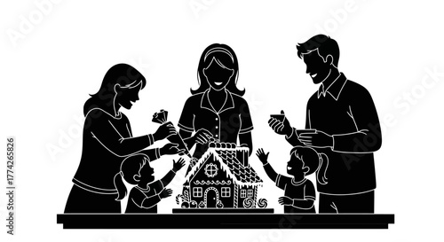 A loving family with two children joyfully decorates a festive gingerbread house, celebrating the Christmas spirit with warmth and togetherness.